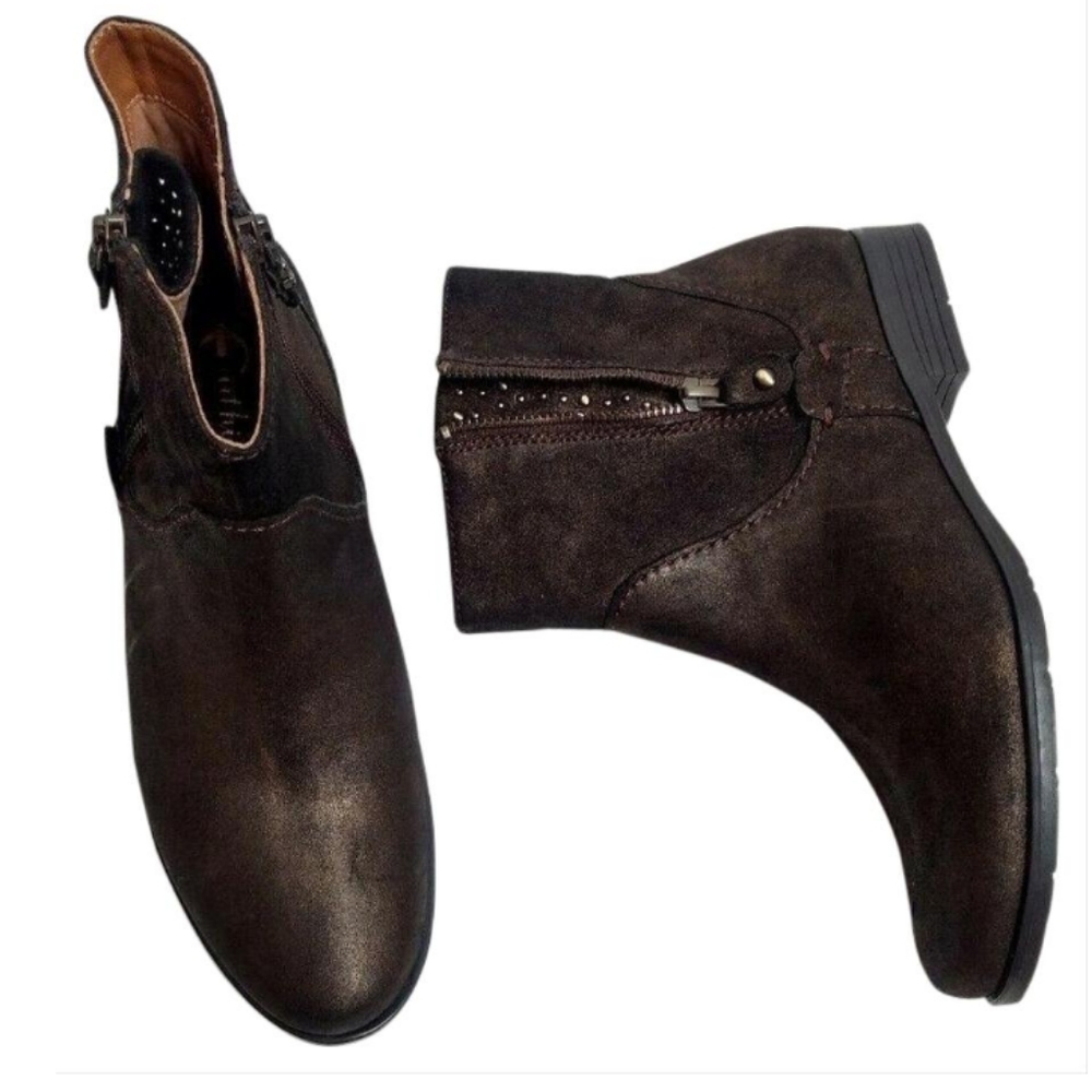 New Earthies Sintra Rock Brown Gold Leather Ankle Boots Size 7.5 Booties Earth